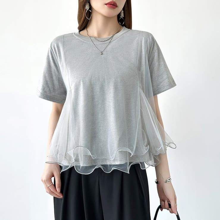 Tシャツなのにブラウス級 チュールドッキングTシャツ フリルトップス | COCOMOMO | 詳細画像5 