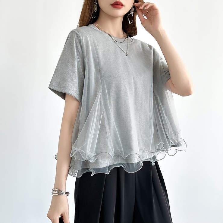 Tシャツなのにブラウス級 チュールドッキングTシャツ フリルトップス | COCOMOMO | 詳細画像7 