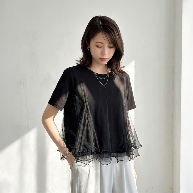 Tシャツなのにブラウス級 チュールドッキングTシャツ フリルトップス | COCOMOMO | 詳細画像23 