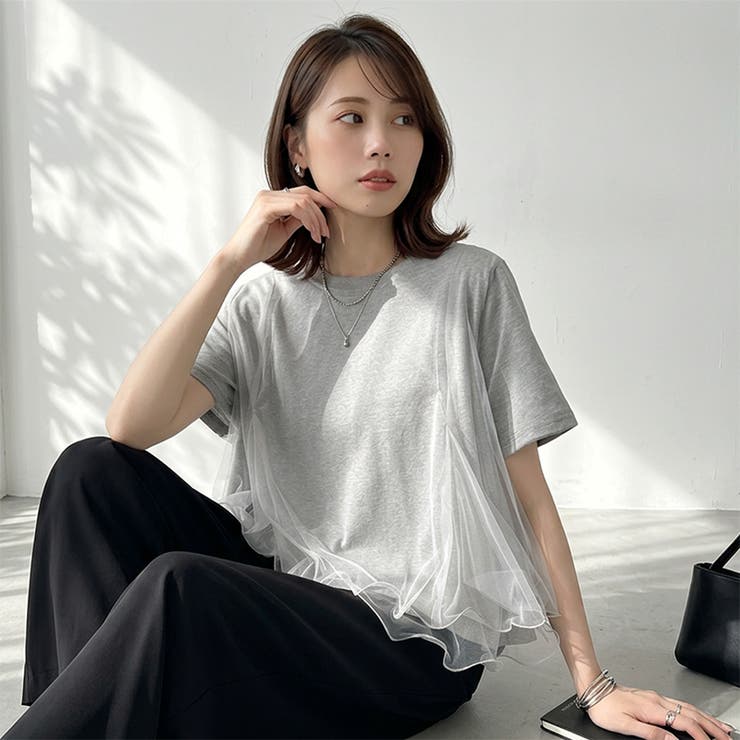 Tシャツなのにブラウス級 チュールドッキングTシャツ フリルトップス | COCOMOMO | 詳細画像2 