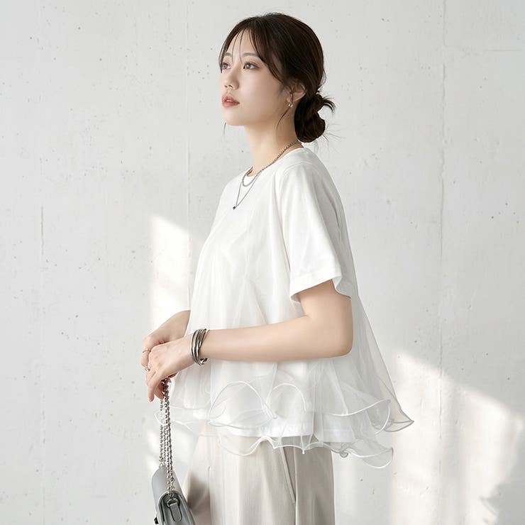 Tシャツなのにブラウス級 チュールドッキングTシャツ フリルトップス | COCOMOMO | 詳細画像12 