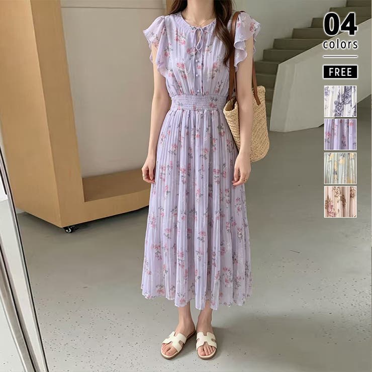 ライトパープル | 【一目惚れ級のフレンチガーリー】 花柄シフォンワンピース フリルワンピース | COCOMOMO