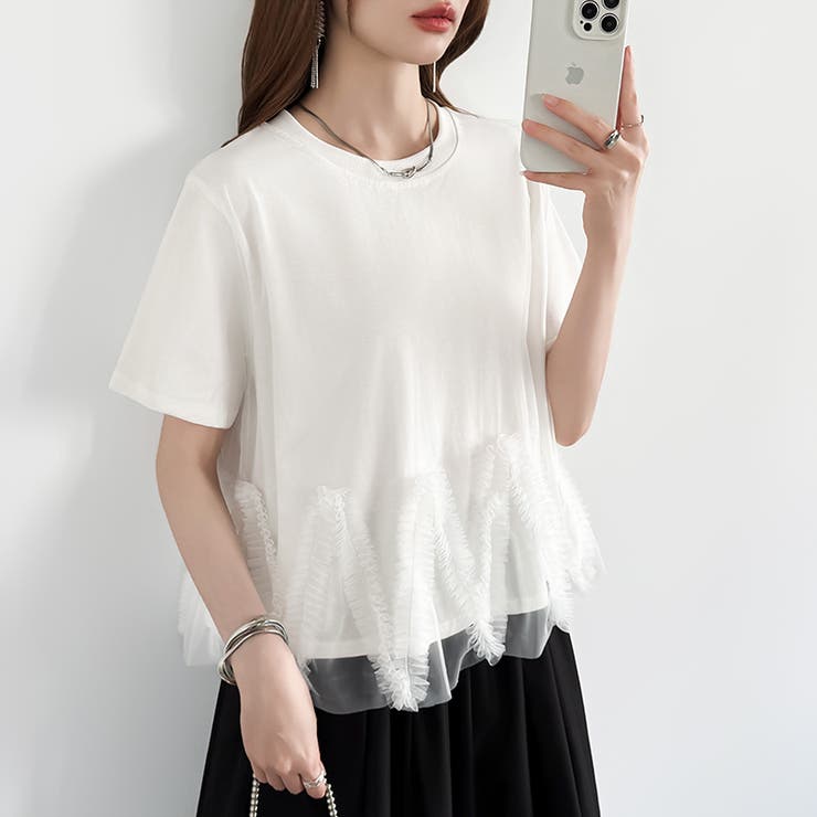 チュールドッキングTシャツ シアーフリル Tシャツ | COCOMOMO | 詳細画像7 