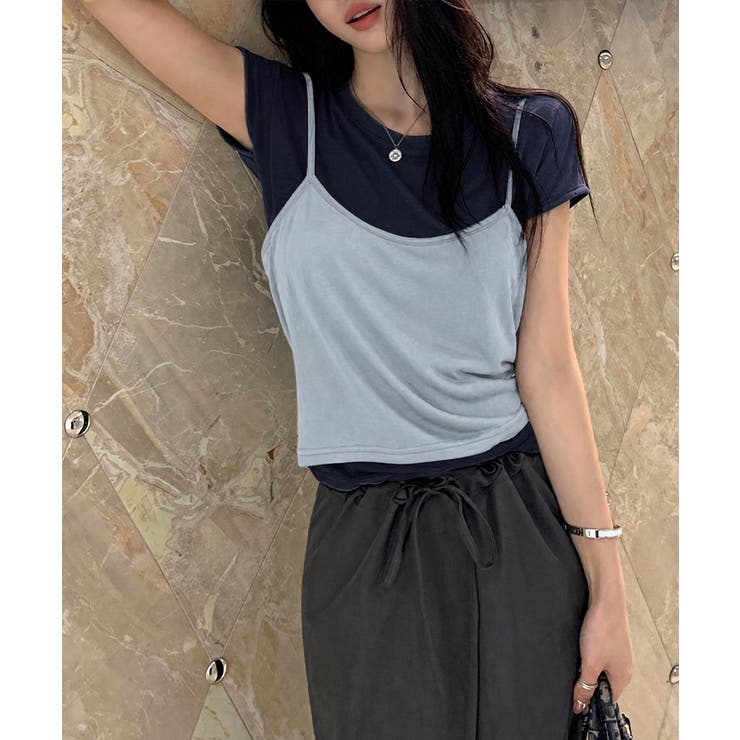 【重ね着風で一枚で完成】 キャミドッキングTシャツ Tシャツ | COCOMOMO | 詳細画像18 