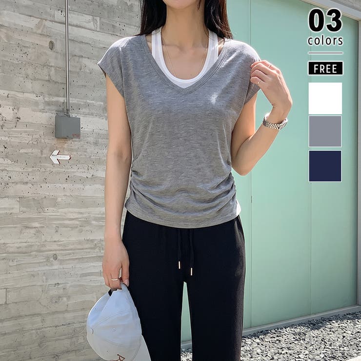 グレー | 【一枚でレイヤード風】 ドッキングTシャツ タンクトップ | COCOMOMO