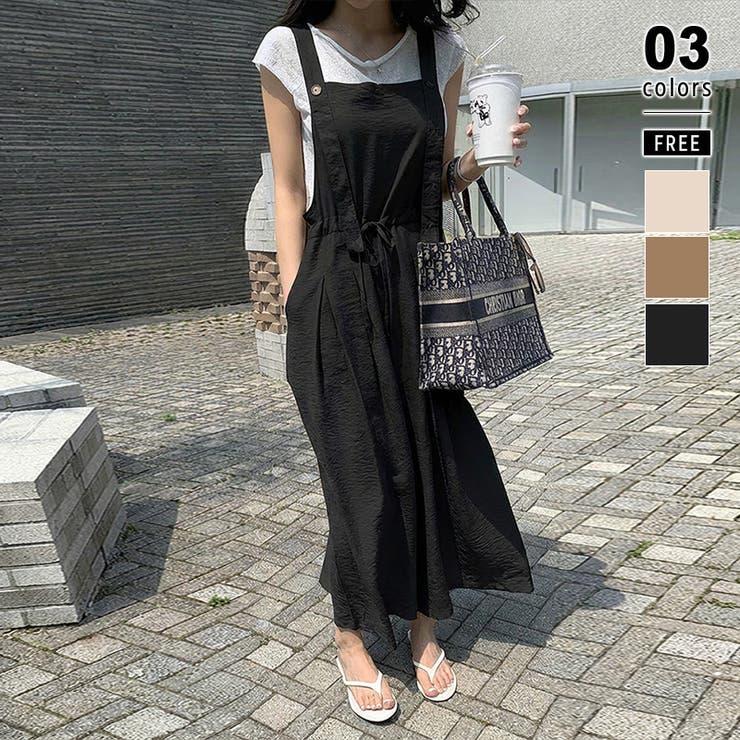 ブラック | リネンライクな大人サロペット サロペットパンツ ワイドパンツ | COCOMOMO