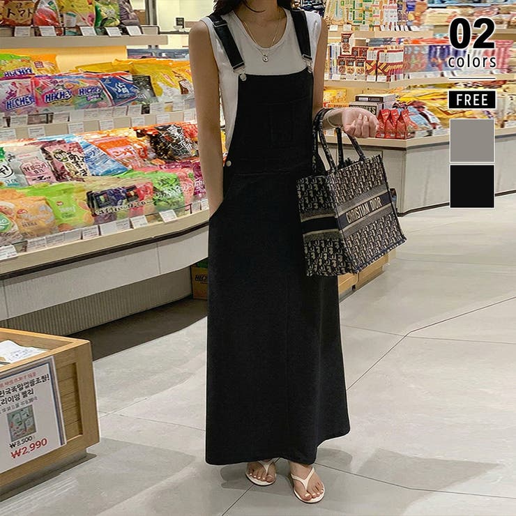 ブラック | ラフなのにキレイ見え サロペットスカート ワンピース | COCOMOMO
