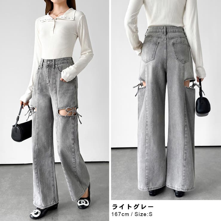 スリットリボンデニムパンツ サイドスリット デニム | COCOMOMO | 詳細画像15 