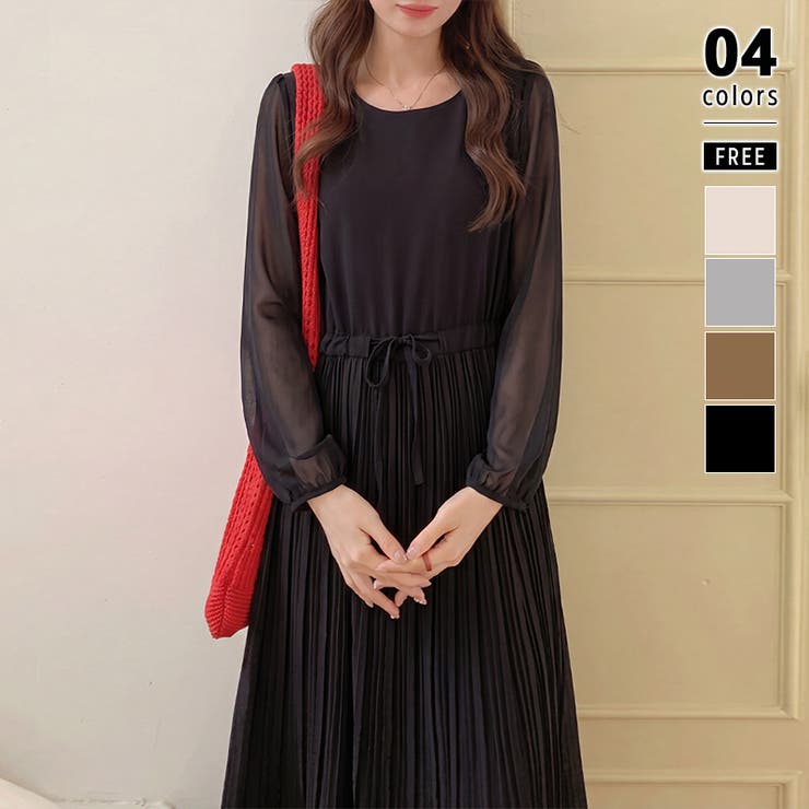 ブラック | 華やぎシフォン プリーツワンピース シフォンワンピース | COCOMOMO