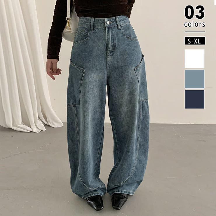 ライトブルー | カーブワイドデニムパンツ カーブパンツ カーブデニム | COCOMOMO