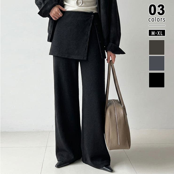 ブラック | スカート付き スカートレイヤードワイドパンツ フレアパンツ | COCOMOMO