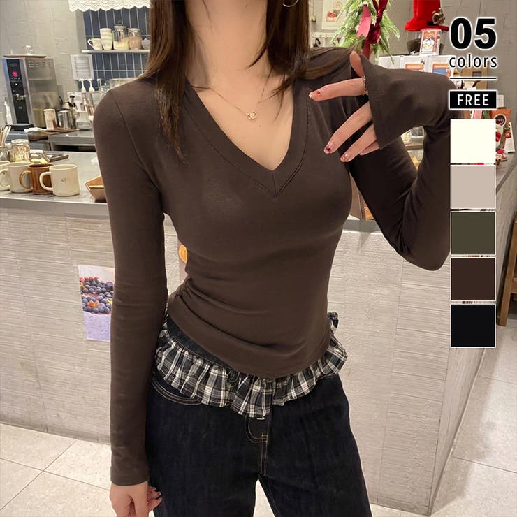 ダークブラウン | vネックカットソー 裏微起毛 トップス | COCOMOMO