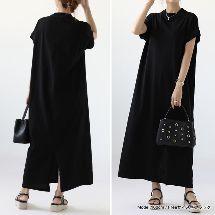 コムコムの黒の半袖ロングワンピース 半袖ワンピース Tシャツワンピース ロングワンピース[品番