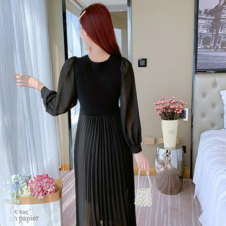 カシュクール ロング丈ワンピース長袖 Vネック レディースプリーツ