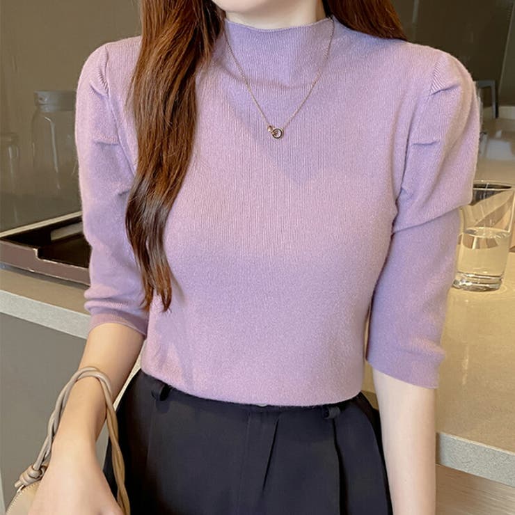 パフショルダーニット オフィスカジュアル 五分袖 | COCOMOMO | 詳細画像2 