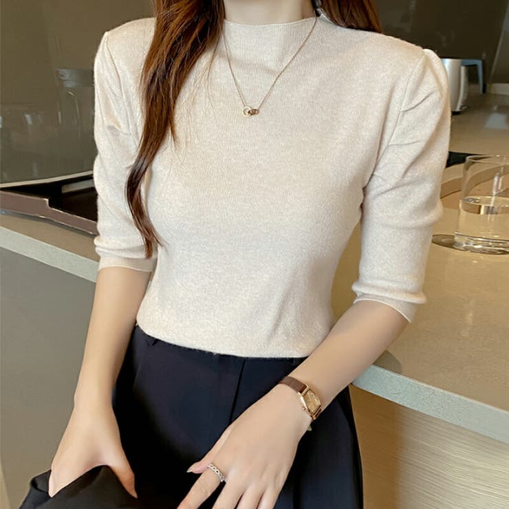 パフショルダーニット オフィスカジュアル 五分袖 | COCOMOMO | 詳細画像7 