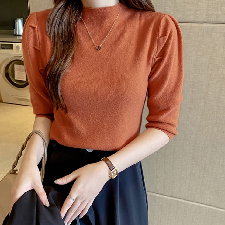 オレンジ | パフショルダーニット オフィスカジュアル 五分袖 | COCOMOMO