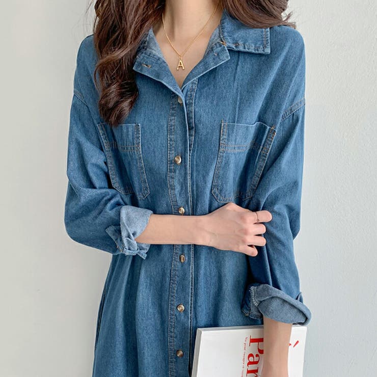 デニムシャツワンピース チュニック ワンピース シャツ ロング丈[品番