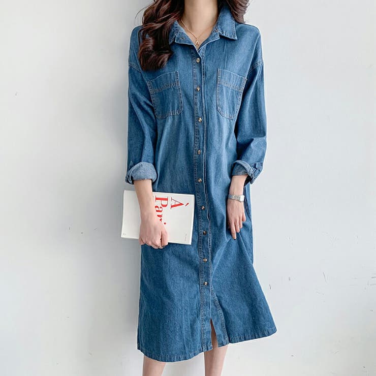 デニムシャツワンピース チュニック ワンピース シャツ ロング丈[品番