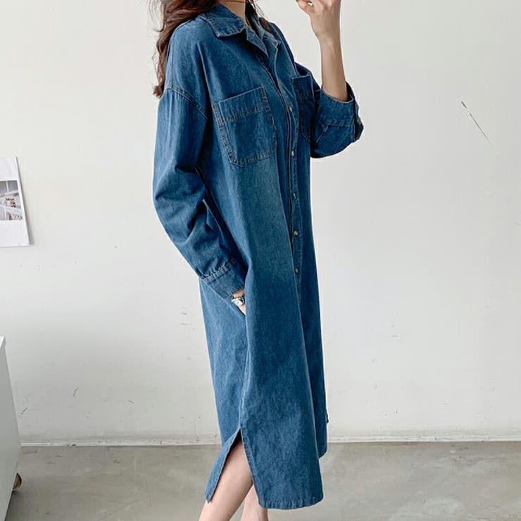 デニムシャツワンピース チュニック ワンピース シャツ ロング丈 デニムシャツワンピース チュニック ワンピース シャツ ロング丈