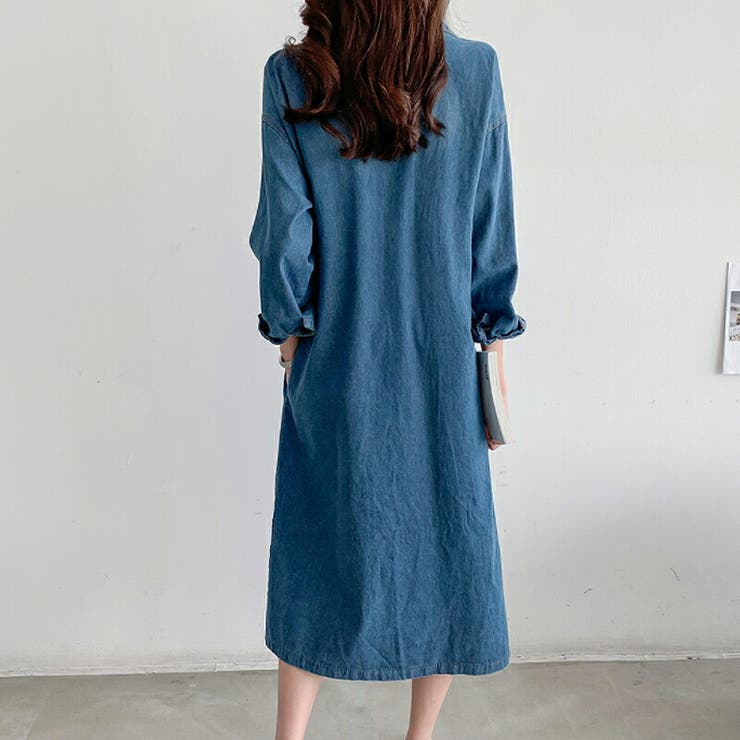 デニムシャツワンピース チュニック ワンピース シャツ ロング丈[品番