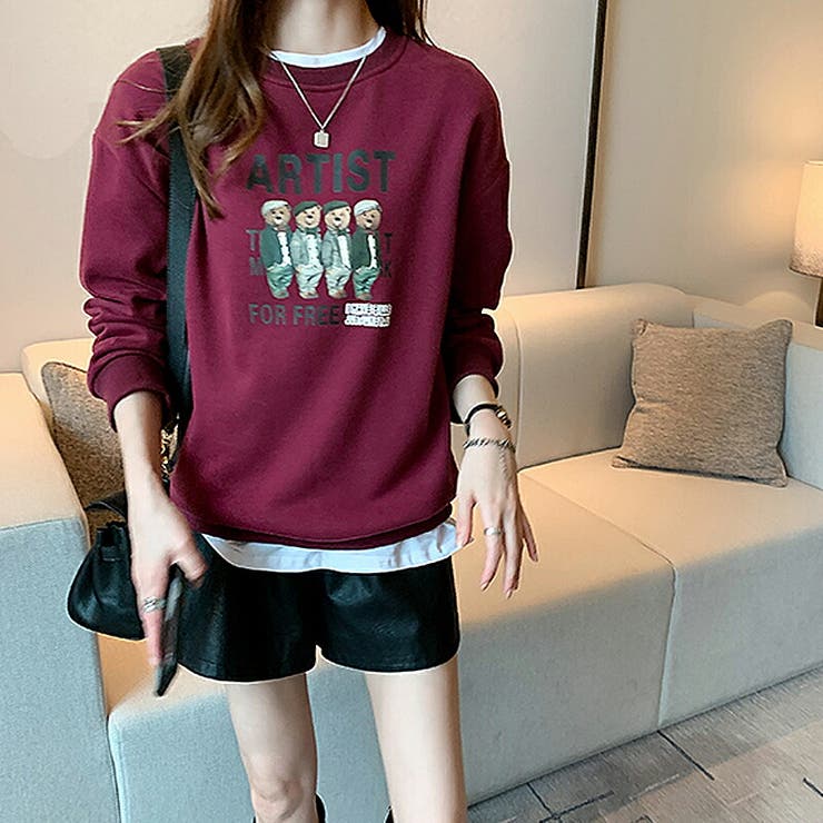 裏起毛 ベアープリント クルースウェット トレーナー熊 レディース