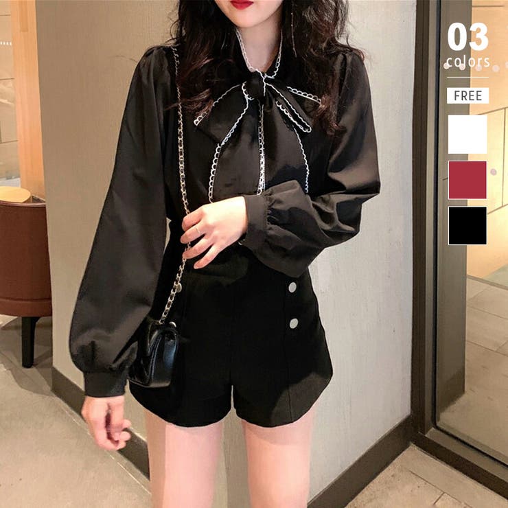 ブラック | 春 レース付き ボウタイブラウス | COCOMOMO