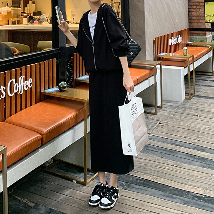 パーカー スウェット上下セット スカート ミモレ丈 バックスリット