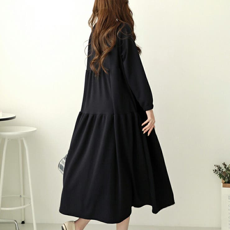 長袖ティアードワンピース ロングワンピース ゆったり体型カバー[品番