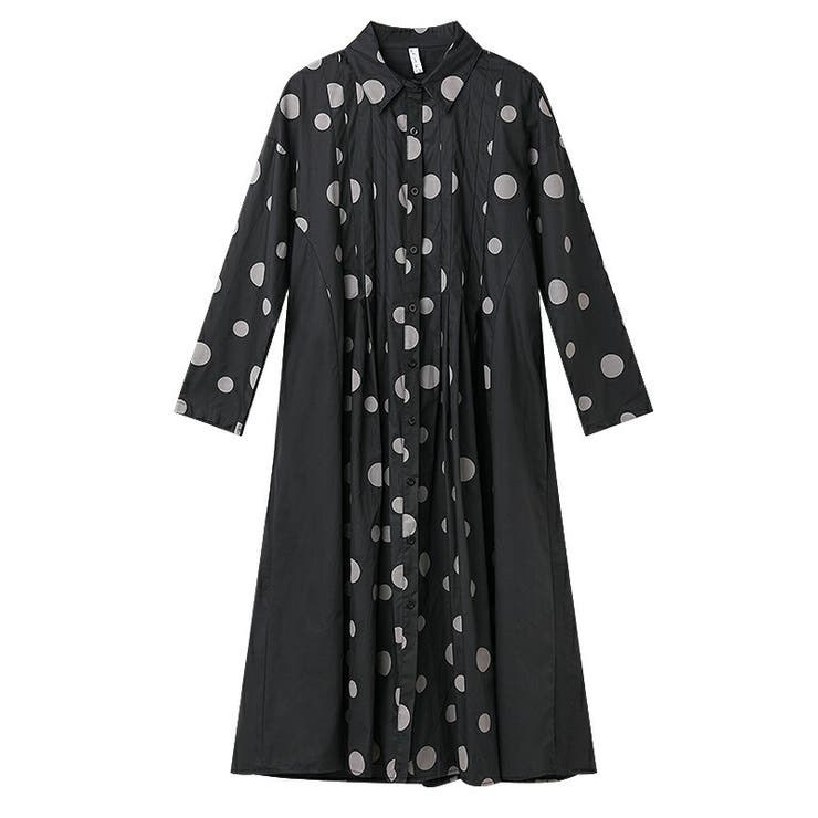 ドット柄ロング丈 シャツワンピース ロングワンピース[品番