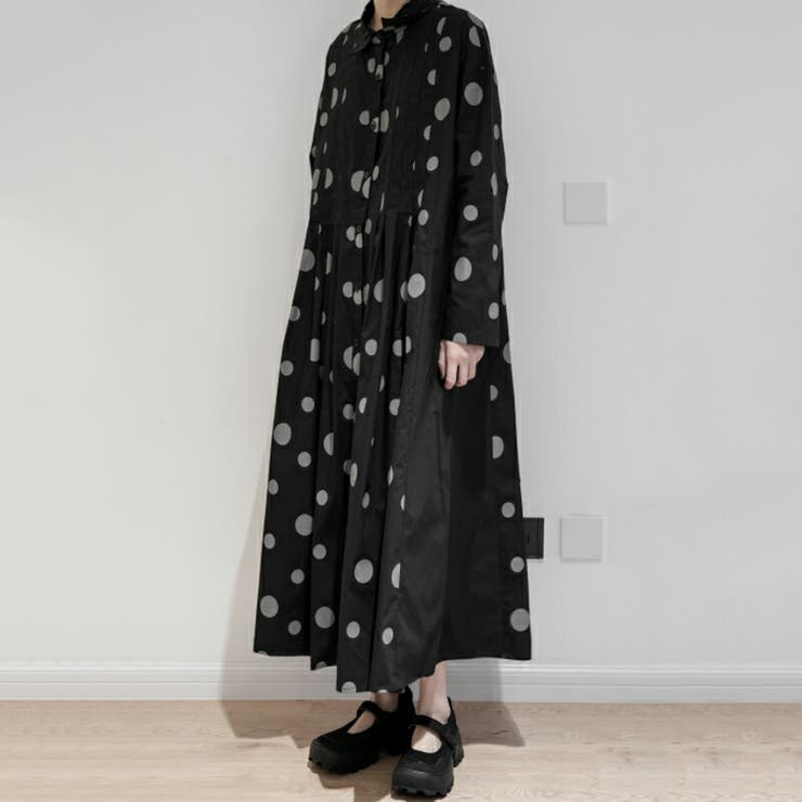 ドット柄 シフォン シャツワンピース ドット柄ロング丈 シャツワンピース ロングワンピース[品番