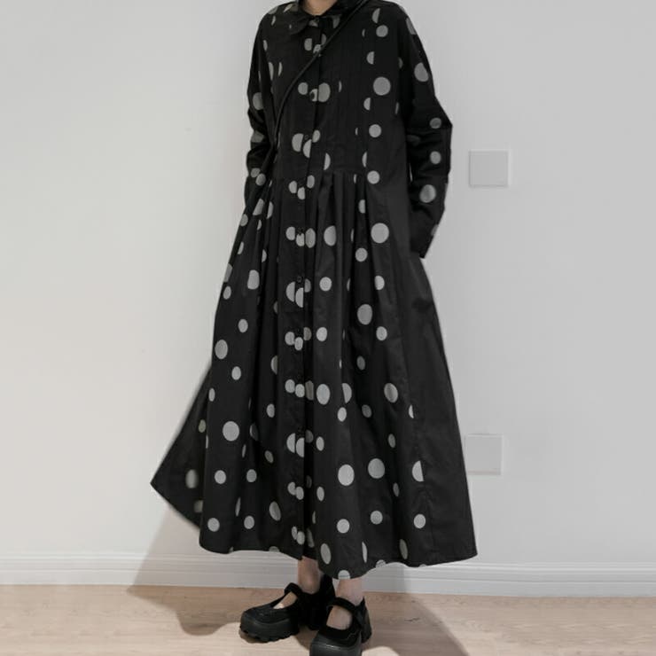 ドット柄ロング丈 シャツワンピース ロングワンピース[品番