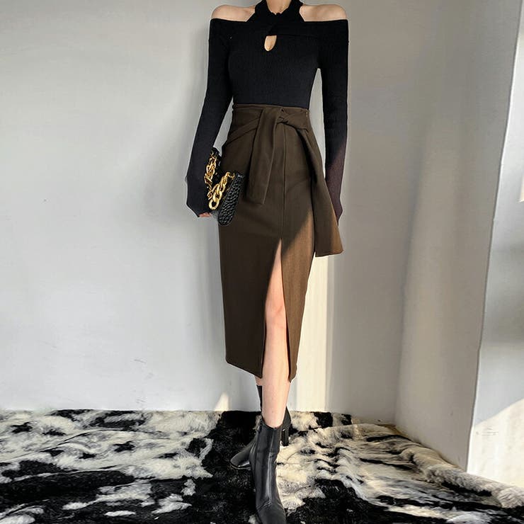 ラップスカート ノットサイド ミモレ丈タイトスカート ウェスト紐