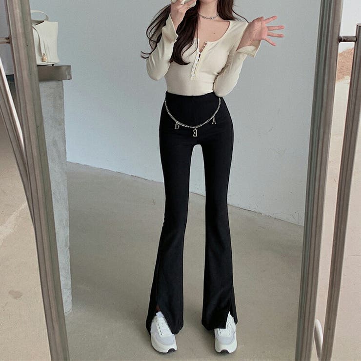 サイドスリットストレッチフレアパンツ レディースパンツ