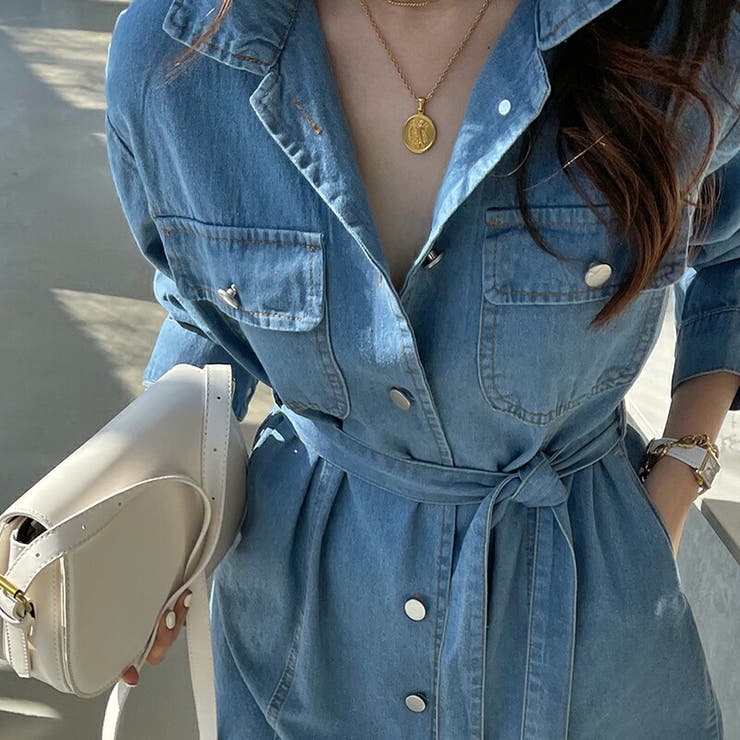 デニムワンピース デニムシャツワンピース フロントボタンベルト付き