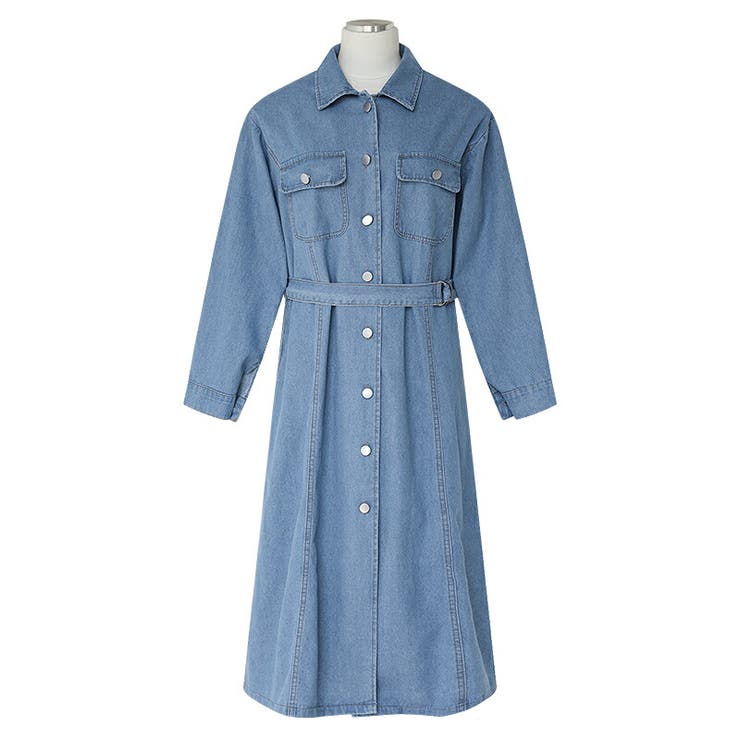 デニムワンピース デニムシャツワンピース フロントボタンベルト付き