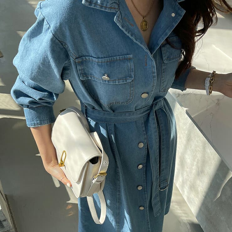 デニムワンピース デニムシャツワンピース フロントボタンベルト付き