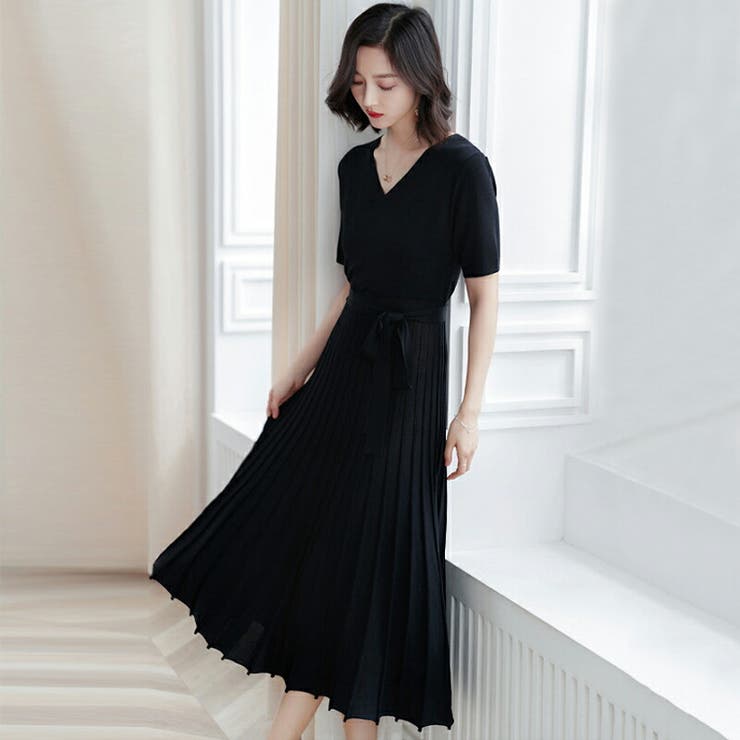 カシュクール ワンピース 半袖 ニット リボン プリーツ くすみカラー