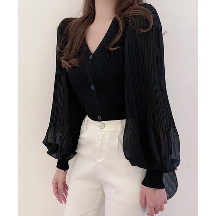 春カーディガン ドッキングブラウス シフォンボリューム袖 | COCOMOMO | 詳細画像18 