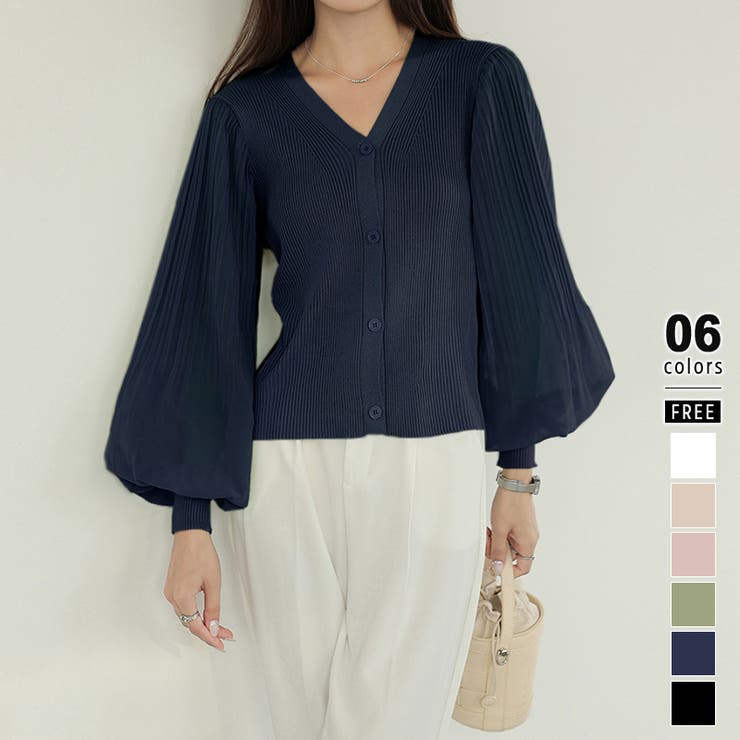 ネイビー | 春カーディガン ドッキングブラウス シフォンボリューム袖 | COCOMOMO