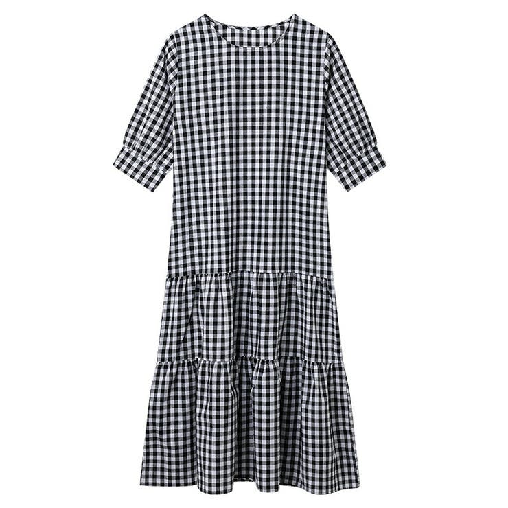 ワンピース 五分丈袖 ロングワンピース チェック柄ワンピース[品番