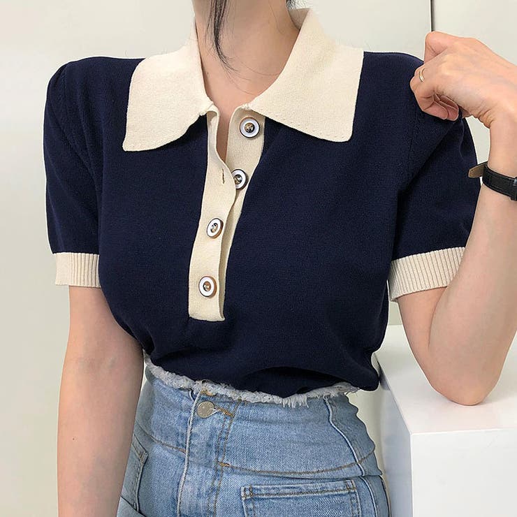 サマーニット 半袖ニット 襟付きニット | COCOMOMO | 詳細画像3 