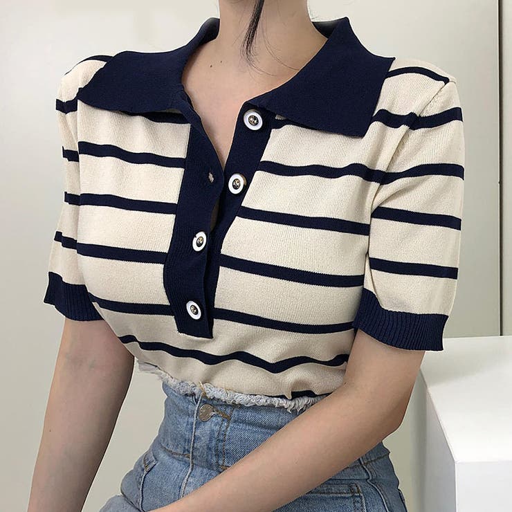 サマーニット 半袖ニット 襟付きニット | COCOMOMO | 詳細画像7 