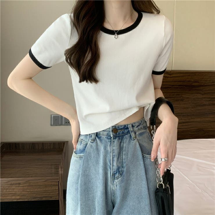 レディース バイカラーサマーニット トップス ニット Tシャツ 夏 半袖