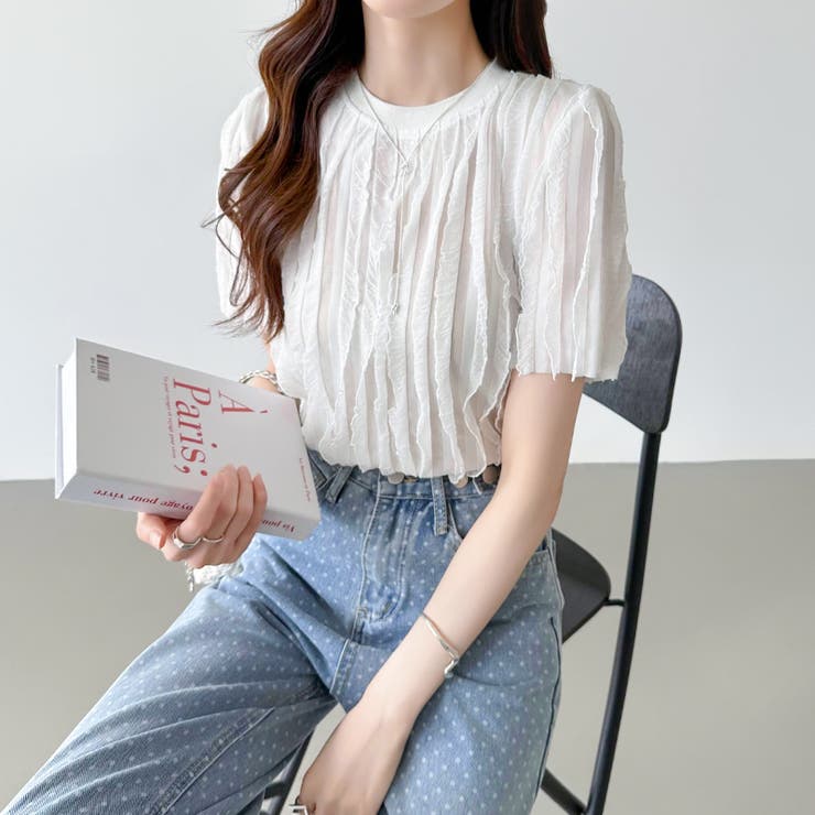 プリーツ 半袖 Tシャツ おしゃれ シンプルデザイン 使いやすい Tシャツ 半袖プリーツTシャツ シワ加工[品番:COCW0004330