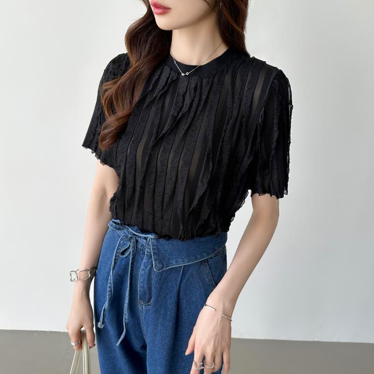 プリーツ 半袖 Tシャツ おしゃれ シンプルデザイン 使いやすい Tシャツ 半袖プリーツTシャツ シワ加工[品番:COCW0004330
