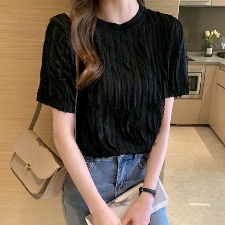 Tシャツ 半袖プリーツTシャツ シワ加工[品番：COCW0004330