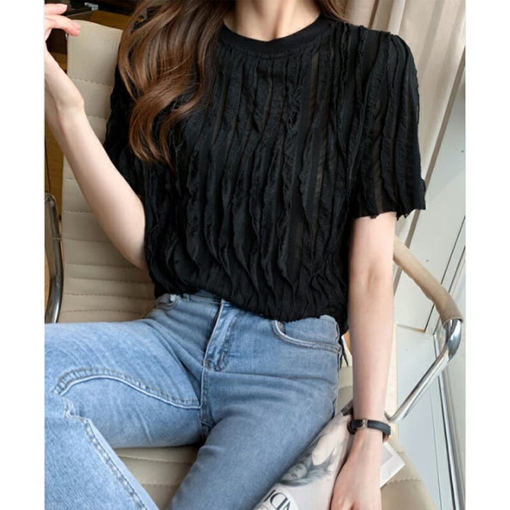 プリーツ 半袖 Tシャツ おしゃれ シンプルデザイン 使いやすい Tシャツ 半袖プリーツTシャツ シワ加工[品番：COCW0004330