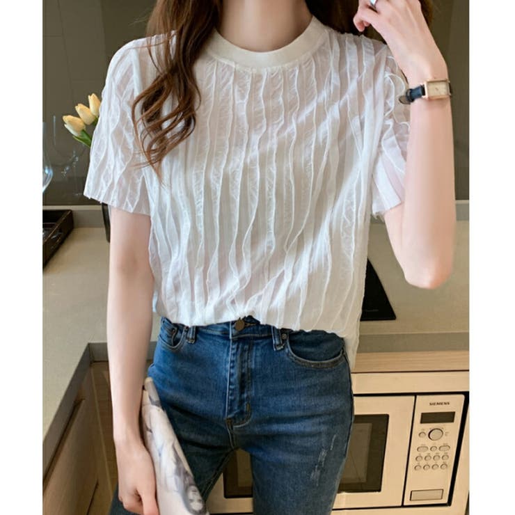 プリーツ 半袖 Tシャツ おしゃれ シンプルデザイン 使いやすい Tシャツ 半袖プリーツTシャツ シワ加工[品番:COCW0004330