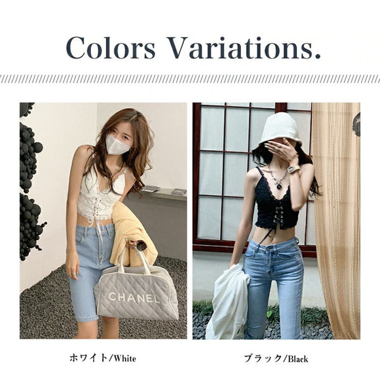 フロントレースアップ キャミトップ レース花柄カップ付きコルセット